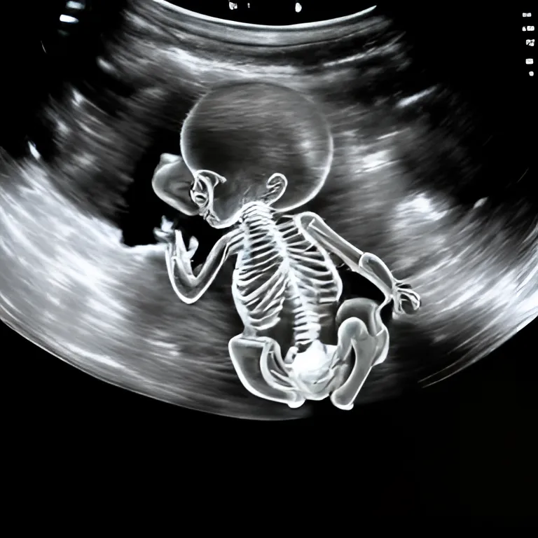 A detailed ultrasound image of a baby at 16 weeks, showing the skeletal system and tiny hands making sucking motions.