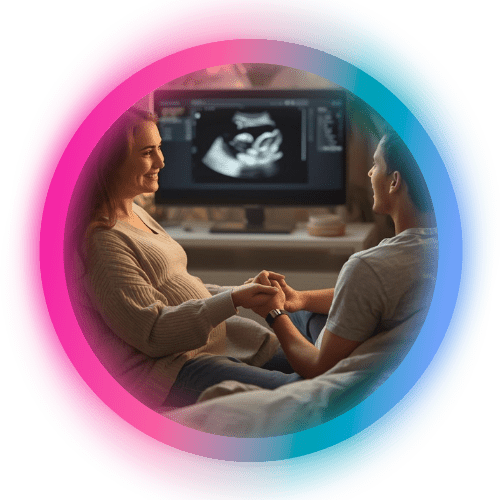Photorealistic image, medium shot of a happy couple sitting on a comfortable couch in a cozy ultrasound studio. The woman is visibly pregnant, both are looking at a large screen showing a stu